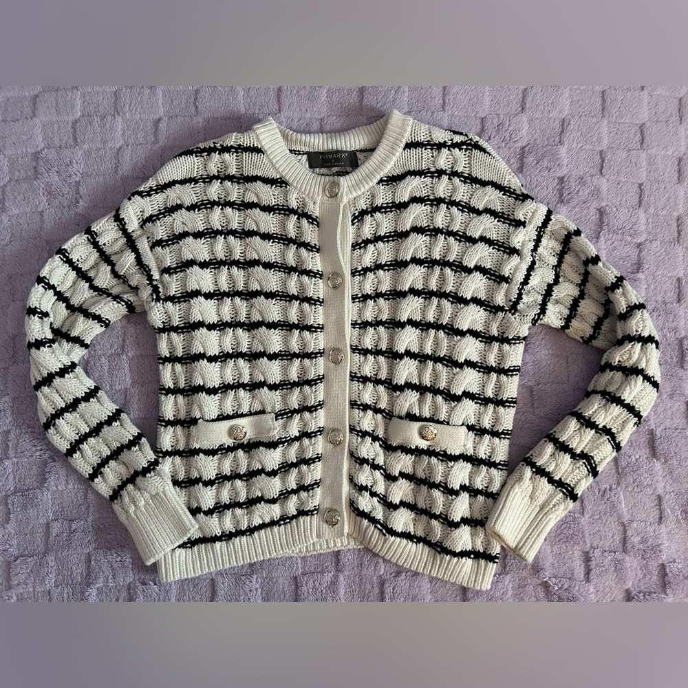 Primark Black & White Striped Cardigan Cable Knit Sweater Size Small